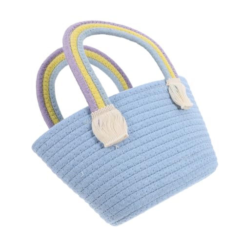 ORFOFE Geflochtene Strandtasche mit Regenbogenhenkel Leichte Handgewebte Handtasche aus Baumwollseil Langlebige Sommertasche für Strand Shopping und Freizeit Blau von ORFOFE