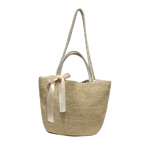 ORFOFE Große Strandtasche aus Gewebtem Stroh Literarische Handtasche mit Hoher Kapazität Leichte Umhängetasche für Damen für Urlaub Outdoor Strand und Alltag Khakifarbener Schulterbeutel von ORFOFE