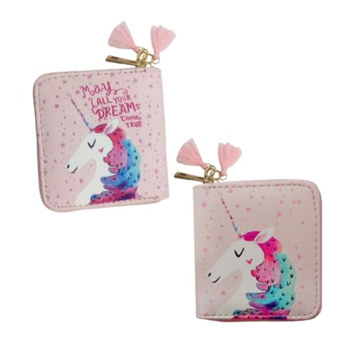 ORFOFE Kleine PU Zipper Geldbörse mit Cartoon Einhorn Motiv Leichtes Portemonnaie für Mädchen Langlebiges Material Sicherer Reißverschluss für Ausweis Geld und Karten Rosa Farbe von ORFOFE