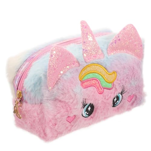 ORFOFE Kosmetiktasche Einhorn Plüsch Makeup Bag für Damen Mädchen Tragbare Toilettenartikel Organizer Tasche Weiche Reise Kulturtasche mit Großem Innenraum Süßes Design für Unterwegs von ORFOFE