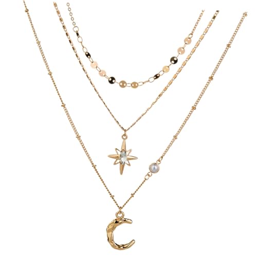 ORFOFE Layered Mond und Stern Halskette Damen Schlüsselbein Kette Mehrschichtiges Design Leichter Schmuck für Frauen und Mädchen Elegant und Ansprechend Vielseitig Kombinierbar von ORFOFE