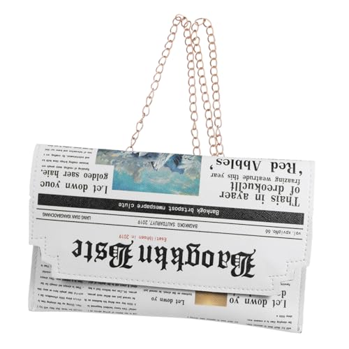 ORFOFE PU Schultertasche Damen Zeitung Design Crossbody Bag mit Modischem Print und Kette Weiß Mittelgroße Umhängetasche für Alltag Reisen und Outdoor Multifunktionale Handtasche für von ORFOFE