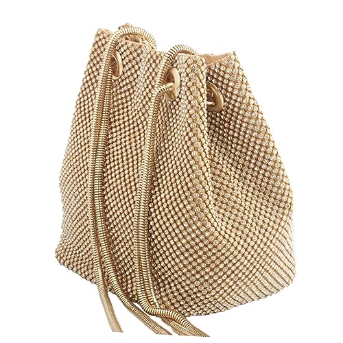 ORFOFE Polyester Schultertasche Damen Handtasche mit Strasssteinbesatz Modische Goldfarbene Bucket Bag Stilvolle Abendtasche für Party Bankett und Alltag Stilvoll und Langlebig von ORFOFE
