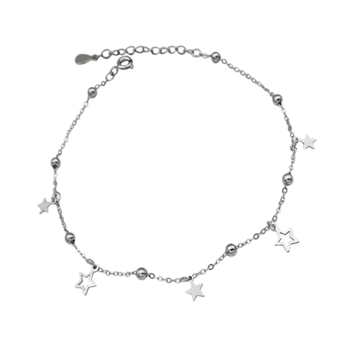 ORFOFE Silber Fußkettchen Damen Sterling Silber Kreative Runde Perlen Stern Fußkette Verstellbar Langlebig Modischer Damenschmuck von ORFOFE