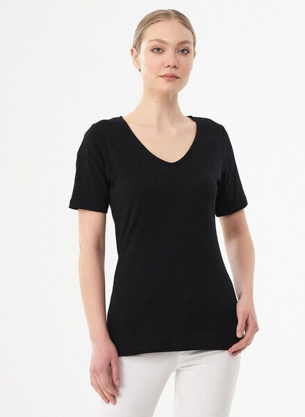 ORGANICATION Geripptes T-Shirt aus Bio-Baumwolle mit V-Ausschnitt von ORGANICATION