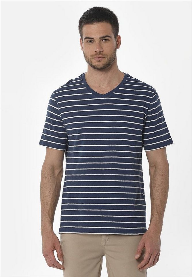 ORGANICATION T-Shirt Men's Striped V-neck T-shirt in Navy/Off White von ORGANICATION