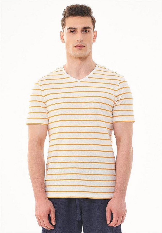 ORGANICATION T-Shirt Men's Striped V-neck T-shirt in Off White/Mango von ORGANICATION