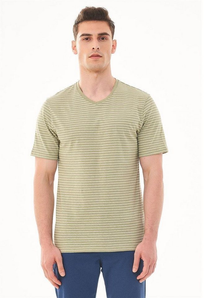 ORGANICATION T-Shirt Men's Striped V-neck T-shirt in Olive/Off White von ORGANICATION