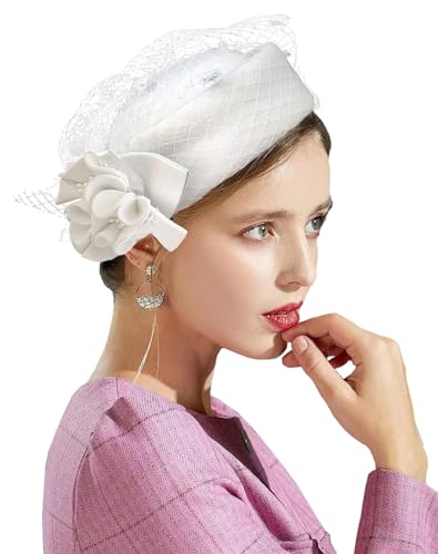 ORIDOOR Britischer Stil Pillbox Hut Frauen Kirche Derby Hochzeit Winter Vintage Fascinator Barett 100% Wollfilz Hut mit Schleier, 021b White, Einheitsgröße von ORIDOOR