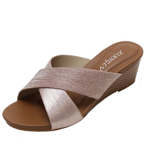 Damen Leder Plateau Keilsandalen Glänzend Mode Römisch Bohemian Open Toe Slip On Strand Casual High Heels Elegante Hausschuhe, champagnerfarben / goldfarben, 43 EU von ORNVEION