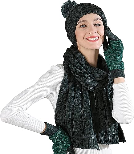 OROOTL Mütze, Schal & Handschuh Sets für Damen Winter, Touchscreen-Handschuhe Bommelmütze Handschuh Gestrickt Beanie Schnee Hut Warme Winterset 3 IN 1 für Mädchen, Frauen von OROOTL