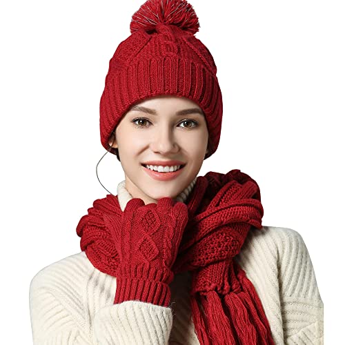 OROOTL Mütze, Schal & Handschuh Sets für Damen Winter, Touchscreen-Handschuhe Bommelmütze Handschuh Gestrickt Beanie Schnee Hut Warme Winterset 3 IN 1 für Mädchen, Frauen von OROOTL