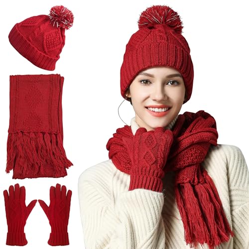 OROOTL Mütze, Schal & Handschuh Sets für Damen Winter, Touchscreen-Handschuhe Bommelmütze Handschuh Gestrickt Beanie Schnee Hut Warme Winterset 3 IN 1 für Mädchen, Frauen von OROOTL