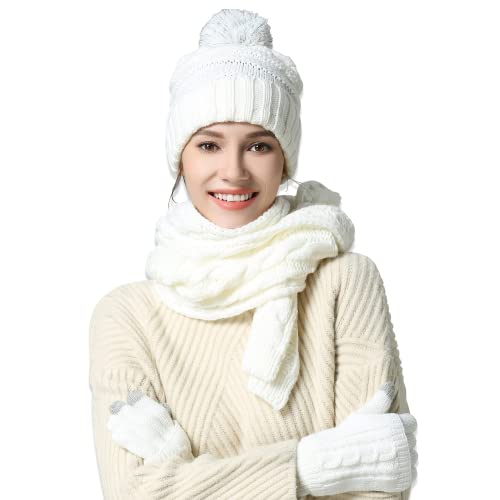 OROOTL Mütze, Schal & Handschuh Sets für Damen Winter, Touchscreen-Handschuhe Bommelmütze Handschuh Gestrickt Beanie Schnee Hut Warme Winterset 3 IN 1 für Mädchen, Frauen von OROOTL