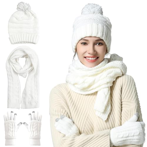 OROOTL Mütze, Schal & Handschuh Sets für Damen Winter, Touchscreen-Handschuhe Bommelmütze Handschuh Gestrickt Beanie Schnee Hut Warme Winterset 3 IN 1 für Mädchen, Frauen von OROOTL