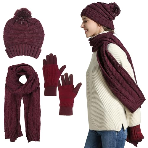 OROOTL Mütze, Schal & Handschuh Sets für Damen Winter, Touchscreen-Handschuhe Bommelmütze Handschuh Gestrickt Beanie Schnee Hut Warme Winterset 3 IN 1 für Mädchen, Frauen von OROOTL