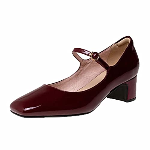 Damen Mary Jane Schuhe Lackleder Square Toe Schnallenriemen Einfarbige Lederschuhe Mittlerer Blockabsatz Leichte Atmungsaktive Pumps von OROSUA