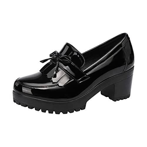 OROSUA Damen Loafer Sweet Bow-Knot Quasten Lacklederschuhe Runde Zehe Mittlerer Blockabsatz Leichte Atmungsaktive Vintage Lederschuhe von OROSUA