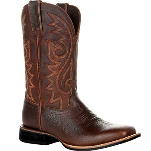 OROSUA Herren Cowboystiefel Vintage Slip-On Stiefel mit mittlerer Wade Stickerei Geteiltes Muster Spitzzehenblockabsatz Anti-Rutsch-Patchwork-Lederstiefel von OROSUA