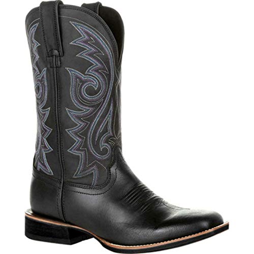 OROSUA Herren Cowboystiefel Vintage Slip-On Stiefel mit mittlerer Wade Stickerei Geteiltes Muster Spitzzehenblockabsatz Anti-Rutsch-Patchwork-Lederstiefel von OROSUA