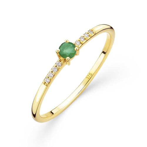 OROVI Damen Goldschmuck, Gold Ring, Solitaire Smaragd und 8 Diamanten 0.03 ct., Verlobungsring, Edelsteine, Geburtsstein, 9 Karat (375) Gelbgold von OROVI