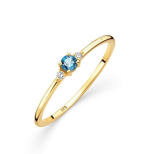 OROVI Damen Goldschmuck, Gold Ring mit Blautopas und 2 Diamanten 0.03 ct, Trilogie Ring, Verlobungsring, Edelstein, Gelbgold 9 Karat (375) von OROVI