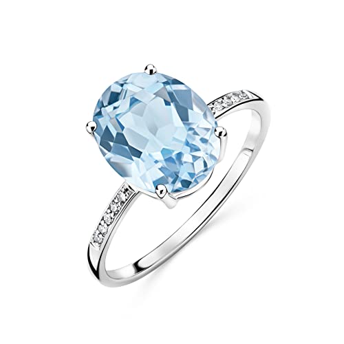 OROVI Damen Goldschmuck, Ring aus Weißgold mit 10 Diamanten 0.04 ct und Solitaire Edelstein himmelblauer Topas 3.13 ct Geburtsstein 9K (375) Gold, Verlobungsring von OROVI