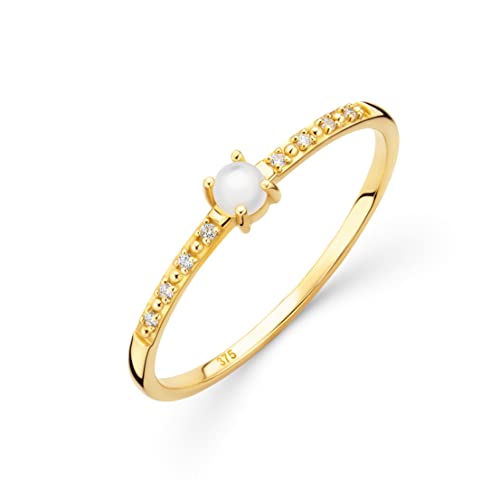 OROVI Damen Ring | Diamant Ring | echtes 9 Karat (375) Gelbgold | mit 8 echten Diamanten und Perlmutt von 0,17 Karat | Gold Verlobungsring | nachhaltiger, handgemachter Damen Schmuck von OROVI