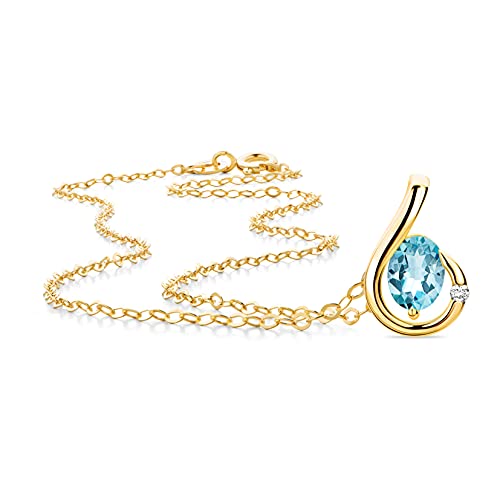 Orovi Schmuck Damen 0.02 Ct Diamant Halskette Gelbgold mit ovalem Kettenanhänger Edelstein/Geburtsstein November blauer Topas und solitär Diamant Brillant Kette aus 9 Karat (375) Gold von OROVI