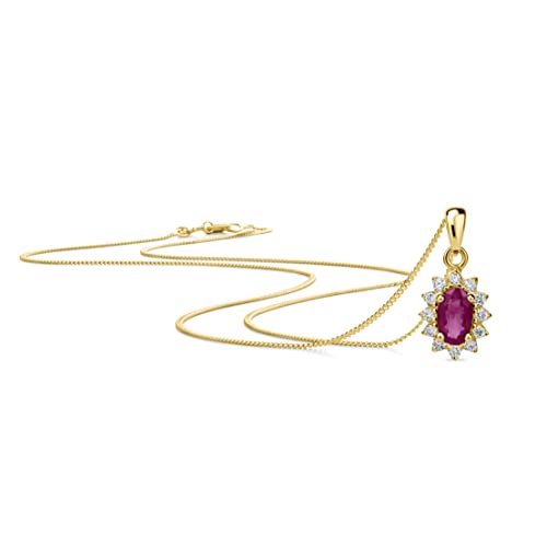 OROVI Schmuck Damen 0.07 Ct Diamant Halskette Gelbgold mit Anhänger Blume aus Edelstein/Geburtsstein natürlicher ovaler roter Rubin und 12 Diamanten Brillanten Kette aus 9 Karat (375) Gold, 45 cm von OROVI