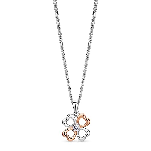 OROVI Schmuck Damen Herzen Kleeblatt Kette mit Vierblättrigem Kleeblatt Anhänger und Solitär Brillantschliff Zirkonia Zeitlose Glücksbringer Halskette aus 925 Sterling Silber Rotgold vergoldet, 46 cm von OROVI