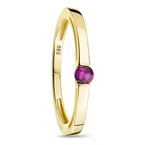 Orovi – Verlobungsring Damen aus 14k Gelbgold (585) mit kreiertem Solitär Rubin im Rundschliff (0.13 Ct) – Solitärring Edelstein zur Verlobung – Damenschmuck Hypoallergen & handgefertigt (Gr. 48) von OROVI