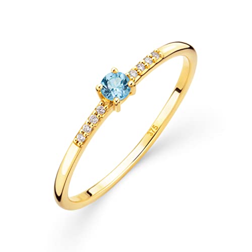 OROVI Damen Goldschmuck, Gold Ring, Solitaire Blautopas und 8 Diamanten 0.03 ct., Verlobungsring, Edelsteine, Geburtsstein, 9 Karat (375) Gelbgold von OROVI