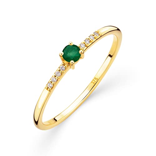 OROVI Damen Goldschmuck, Gold Ring, Solitaire Smaragd und 8 Diamanten 0.03 ct., Verlobungsring, Edelsteine, Geburtsstein, 9 Karat (375) Gelbgold von OROVI