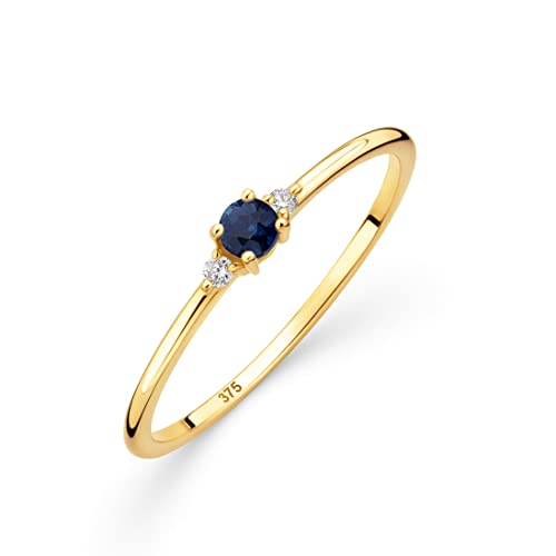 OROVI Damen Goldschmuck, Gold Ring mit Saphir und 2 Diamanten 0.03 ct, Trilogie Ring, Verlobungsring, Edelstein, Gelbgold 9 Karat (375) von OROVI