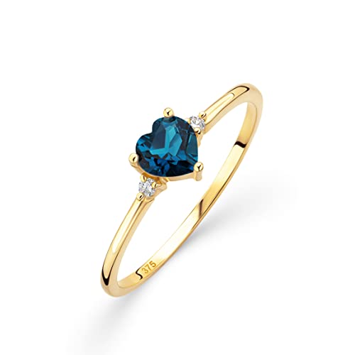 OROVI – Verlobungsring Damen aus 9 Ct Gelbgold (375) mit Blautopas in Herzschliff 0.56 Ct und 0.03 Ct Diamanten – Verlobungsring Edelstein & Brillanten – Hypoallergen & handgefertigt (Gr. 56) von OROVI