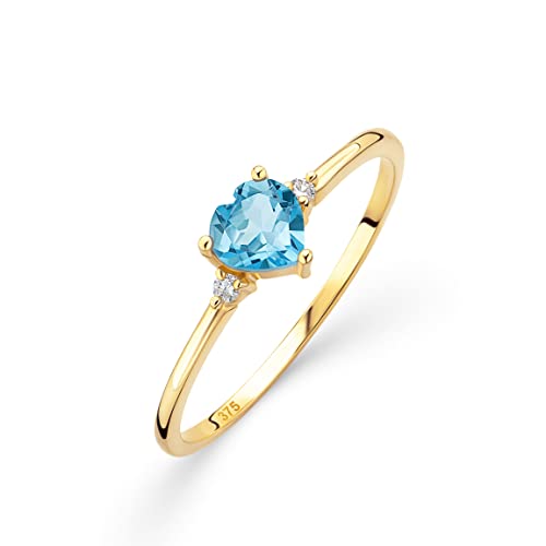 OROVI – Verlobungsring Damen aus 9Ct Gelbgold (375) mit Topas hellblau in Herzschliff 0.55Ct & 0.03Ct Diamanten – Verlobungsring Edelstein & Brillanten – Hypoallergen & handgefertigt (Gr. 50) von OROVI