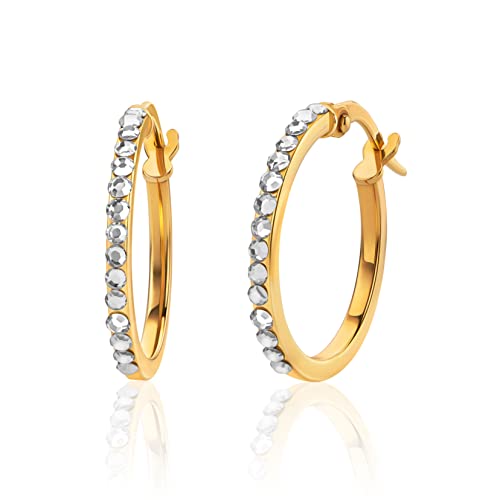 Orovi Ohrschmuck für Damen 18.5 mm runde klassische kreis Creolen Gelbgold Goldreifen besetzt mit funkelnden veredelten Kristallen Ohrringe aus 9 Karat (375) Gold von OROVI