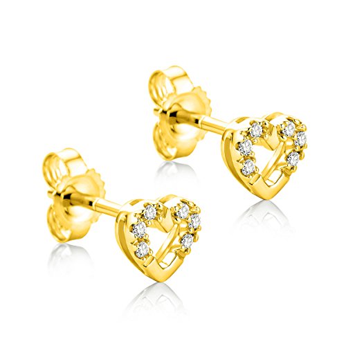 Orovi Schmuck Damen 0,06 Ct Diamant Herz–Ohrstecker mit 12 natürlichen Diamanten im Brillantschliff in einer Krappen Fassung Zeitlose klassische Ohrringe aus Gelbgold 9 Karat (375) Gold von OROVI