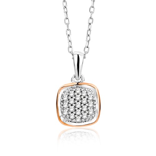 Orovi Schmuck Damen 0,10 Ct Diamant– Kette Gold mit Bicolor Rotgold und Weißgold Diamant-Pavé-Anhänger Viereck besetzt mit 19 natürlichen Diamanten Zeitlose Halskette Weißgold 9 Karat(375), 45 cm lang von OROVI