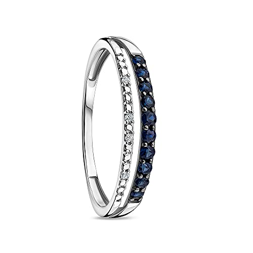 OROVI Schmuck Damen 0.01 Ct Diamant zweireihiger Ring Weißgold mit eine Reihe aus 10 Edelsteine blauer Saphir und eine Reihe aus 4 Diamanten Brillanten Ewigkeitsrings 9 Karat (375) Gold von OROVI