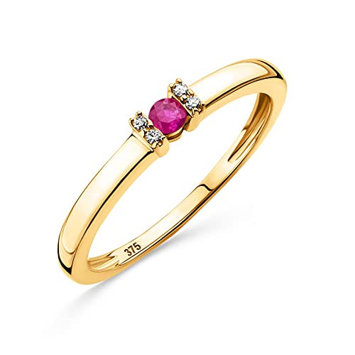 OROVI Schmuck Damen 0.02 Ct Diamant Verlobungsring Gelbgold mit Edelstein/Geburtsstein natürlicher runder roter Rubin und 4 Diamanten Brillanten Ring aus 9 Karat (375) Gold von OROVI