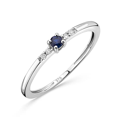 OROVI Schmuck Damen 0.02 Ct Diamant Verlobungsring Weißgold mit Edelstein/Geburtsstein natürlicher runder blauer Saphir umgeben von 4 Diamanten Brillanten Ring aus 9 Karat (375) Gold von OROVI