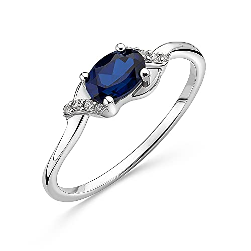 OROVI Schmuck Damen 0.03 Ct Diamant Ring Weißgold mit Edelstein/Geburtsstein September blauer Saphir und 8 Diamanten Brillanten Verlobungsring 9 Karat (375) Gold von OROVI