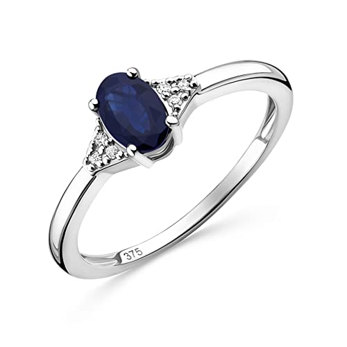 OROVI Schmuck Damen 0.03 Ct Diamant Verlobungsring Weißgold mit Edelstein/Geburtsstein natürlicher ovaler blauer Saphir umgeben von 6 Diamanten Brillanten Ring aus 9 Karat (375) Gold von OROVI