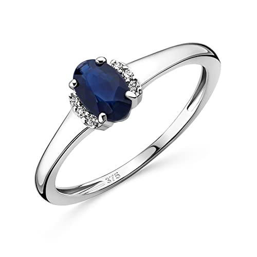 OROVI Schmuck Damen 0.03 Ct Diamant Verlobungsring Weißgold mit Edelstein/Geburtsstein natürlicher ovaler blauer Saphir und 6 Diamanten Brillanten Ring aus 9 Karat (375) Gold von OROVI