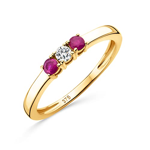 Orovi Schmuck Damen 0.06 Ct Diamant Ewigkeitsring Gelbgold mit Solitär Diamant Brillant und 2 natürliche Edelsteine/Geburtssteine runde rote Rubine Ring aus 9 Karat (375) Gold von OROVI