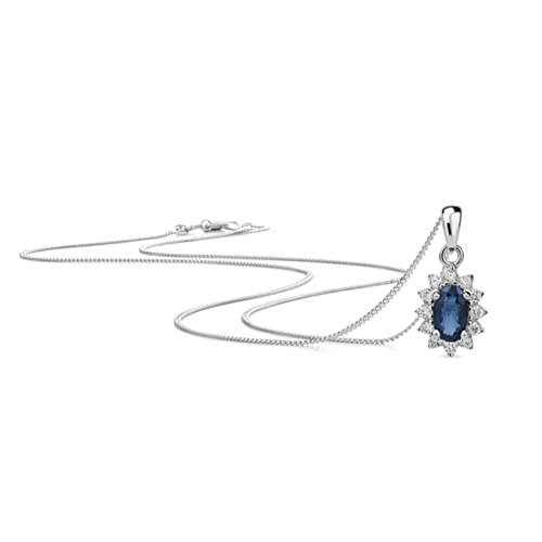 OROVI Schmuck Damen 0.07 Ct Diamant Halskette Weißgold mit Anhänger Blume aus Edelstein/Geburtsstein natürlicher ovaler blauer Saphir und 12 Diamanten Brillanten Kette aus 9 Karat (375) Gold, 45 cm von OROVI