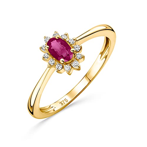 OROVI Schmuck Damen 0.07 Ct Diamant Verlobungsring Blume Gelbgold mit Edelstein/Geburtsstein natürlicher ovaler roter Rubin und 12 Diamanten Brillanten Ring aus 9 Karat (375) Gold von OROVI