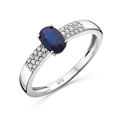 OROVI Schmuck Damen 0.10 Ct Diamant Verlobungsring Weißgold mit Edelstein/Geburtsstein natürlicher ovaler blauer Saphir und 26 Diamanten Brillanten in 2 Reihen Ring aus 9 Karat (375) Gold von OROVI